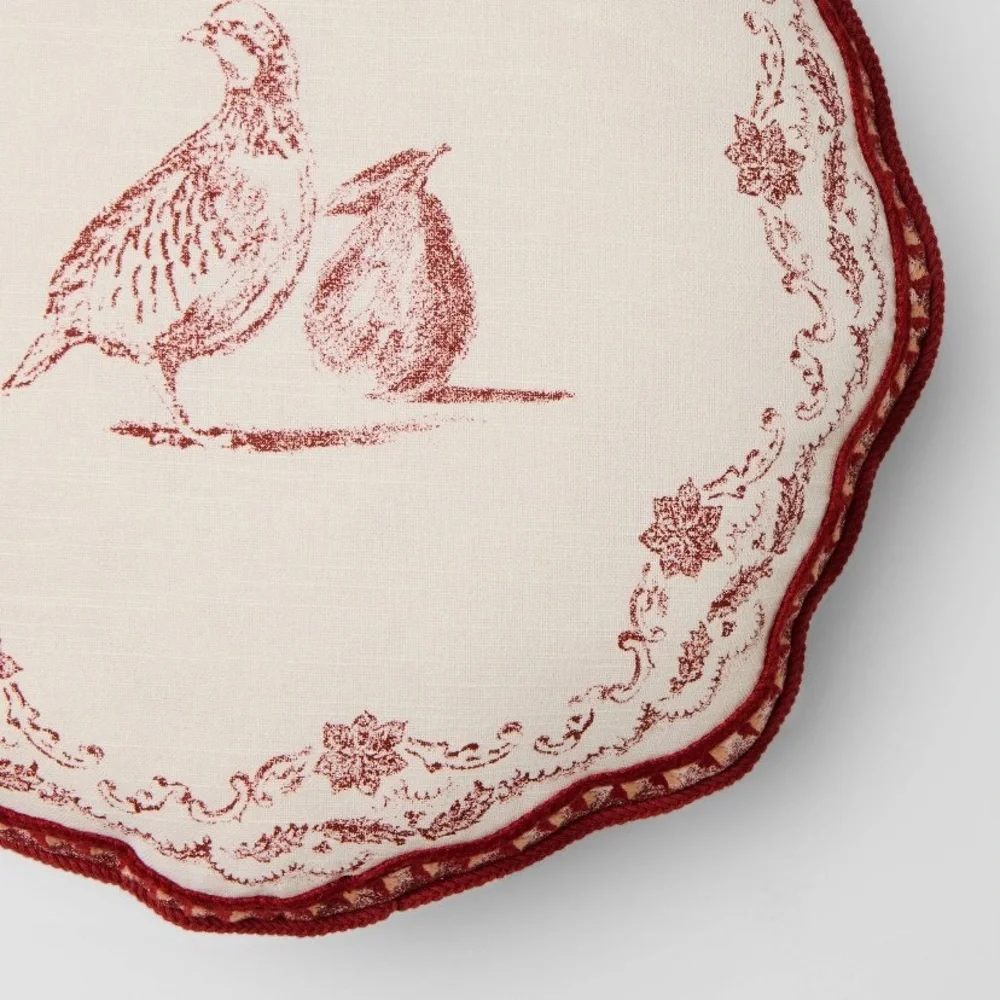 New 16” Burgundy & Cream Christmas Partridge Throw Pillow Threshold Studio McGee